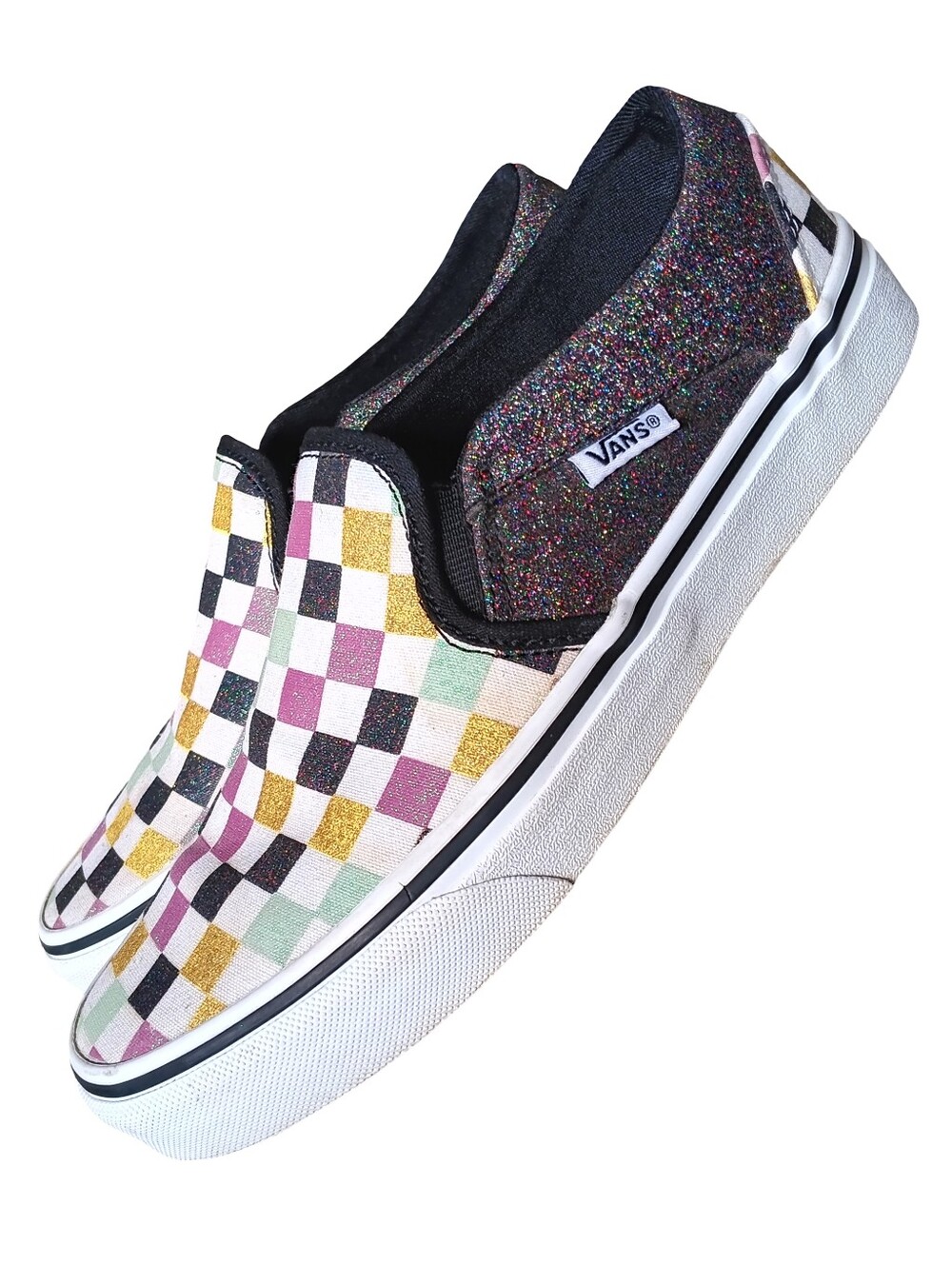 🖤 Vans Asher Glitter Checkerboard Slip On Shoes Womens 7.5 Multicolor Sparkle